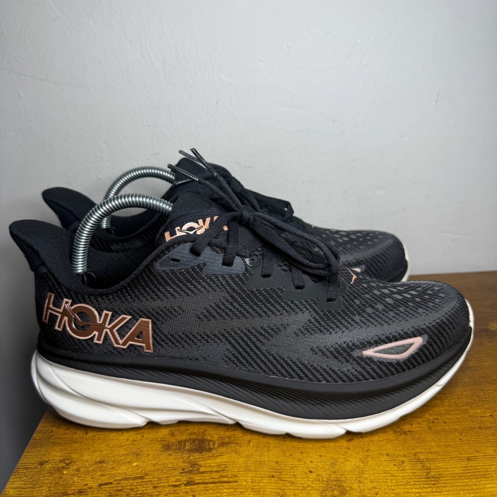 Hoka Clifton 9 Running Shoes Womens Size 9.5 Black Rose Gold 1127896 BRGL
